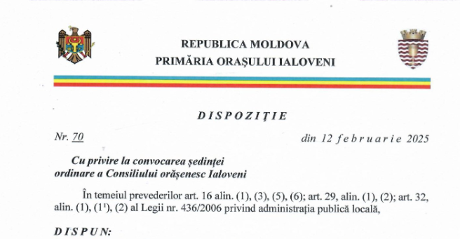 Dispoziția dlui Sergiu ARMAȘU, Primar al orașului Ialoveni, cu privire la convocarea ședinței ordinare a Consiliului orășenesc Ialoveni