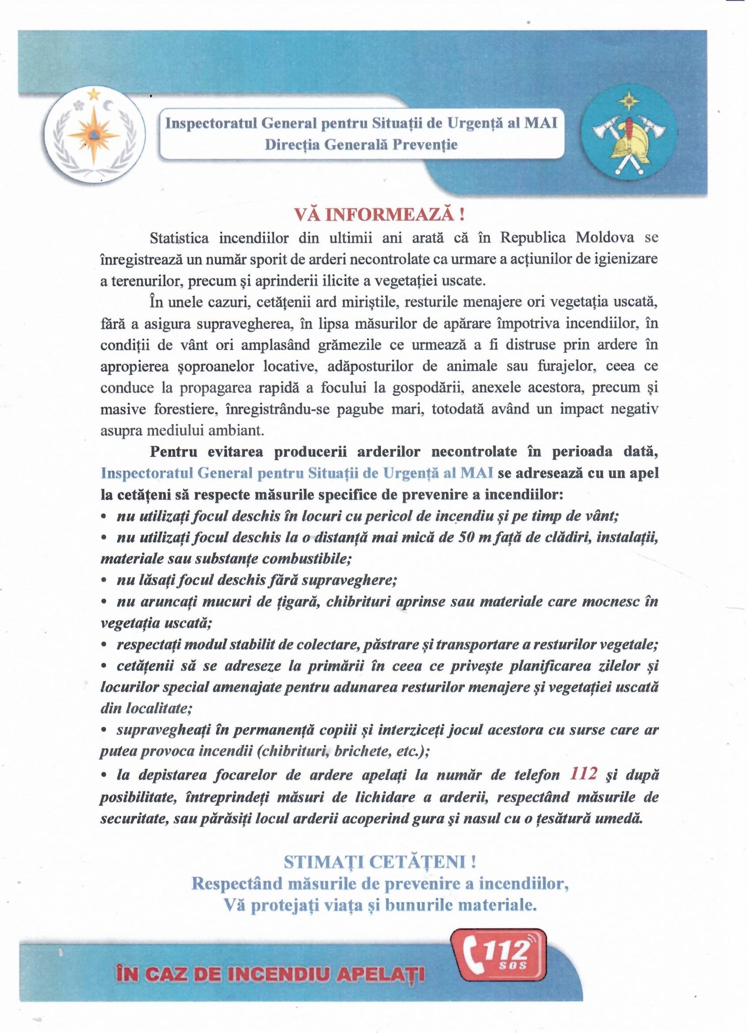 Inspectoratul General pentru Situații de Urgență al MAI se adresează cu un apel