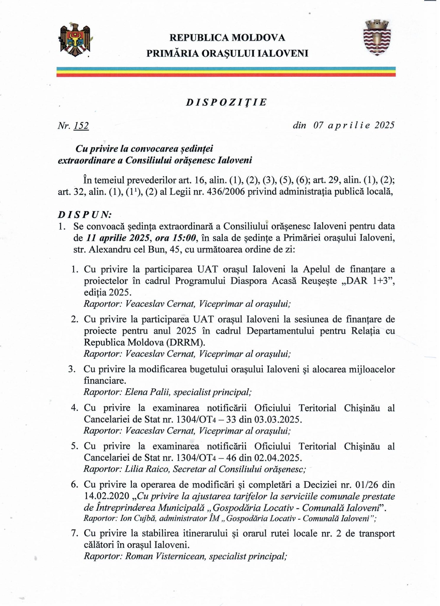 ANUNȚ Dispoziția dlui Sergiu ARMAȘU, Primar al orașului Ialoveni