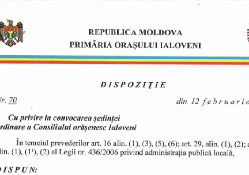 Dispoziția dlui Sergiu ARMAȘU, Primar al orașului Ialoveni, cu privire la convocarea ședinței ordinare a Consiliului orășenesc Ialoveni