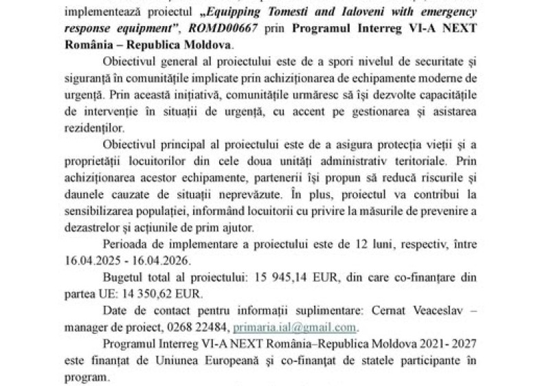 Lansarea proiectului „Dotarea orașelor Tomești și Ialoveni cu echipamente de urgență” (DEISU)