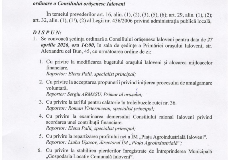 CONVOCAREA ȘEDINȚEI ORDINARE A CONSILIULUI ORĂȘENESC IALOVENI