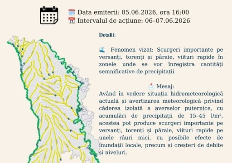 ⚠️🌧️ AVERTIZARE HIDROLOGICĂ – COD GALBEN 🌧️⚠️